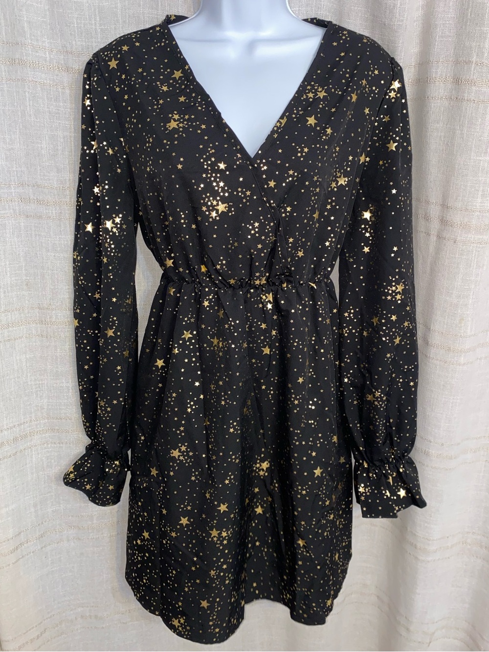 Black & Gold Metallic Foil Star Celestial Mini Dress - Size L
